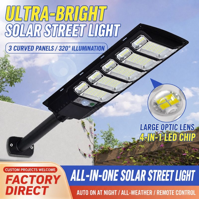 500W LED Solar Light for Garden Path Lighting, 3-Sided Illumination, Motion Sensor, Remote Control