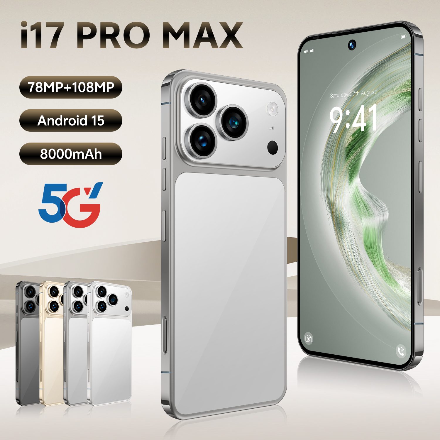 i17 Pro Max Smartphone ,8GB RAM 256GB ROM, Android,7.3'',Dual SIM,Mobile phones,Google Play Store,24+48MP,6800mAh,Gray color