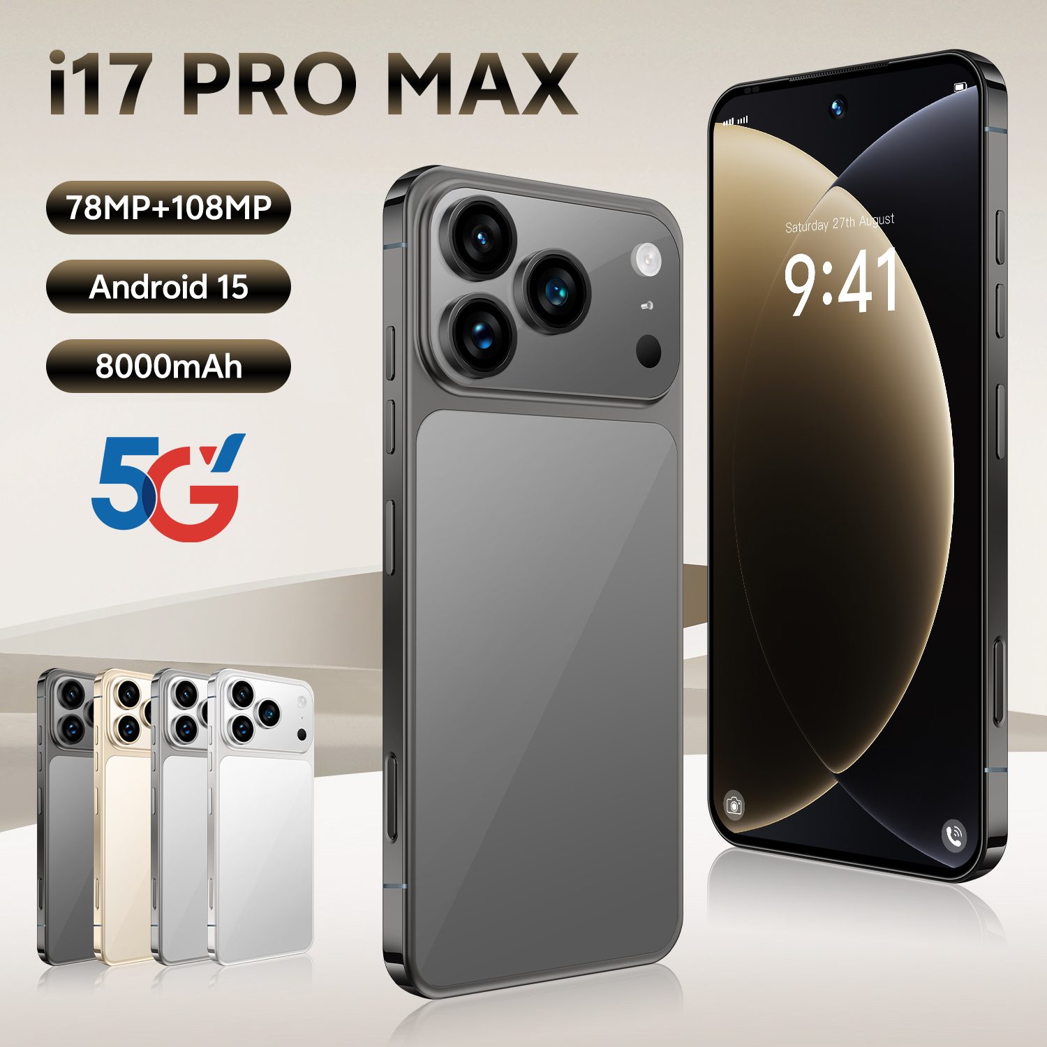i17 Pro Max Smartphone ,8GB RAM 256GB ROM, Android,7.3'',Dual SIM,Mobile phones,Google Play Store,24+48MP,6800mAh,Gray color