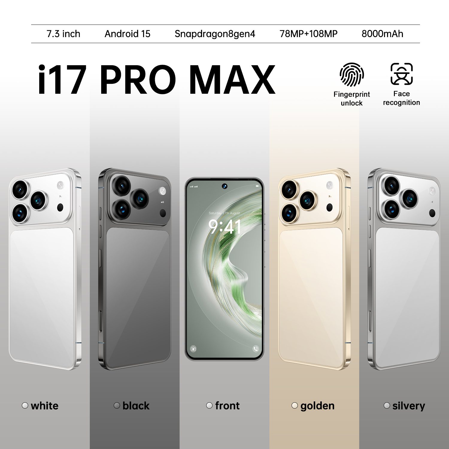 i17 Pro Max Smartphone ,8GB RAM 256GB ROM, Android,7.3'',Dual SIM,Mobile phones,Google Play Store,24+48MP,6800mAh,Gray color