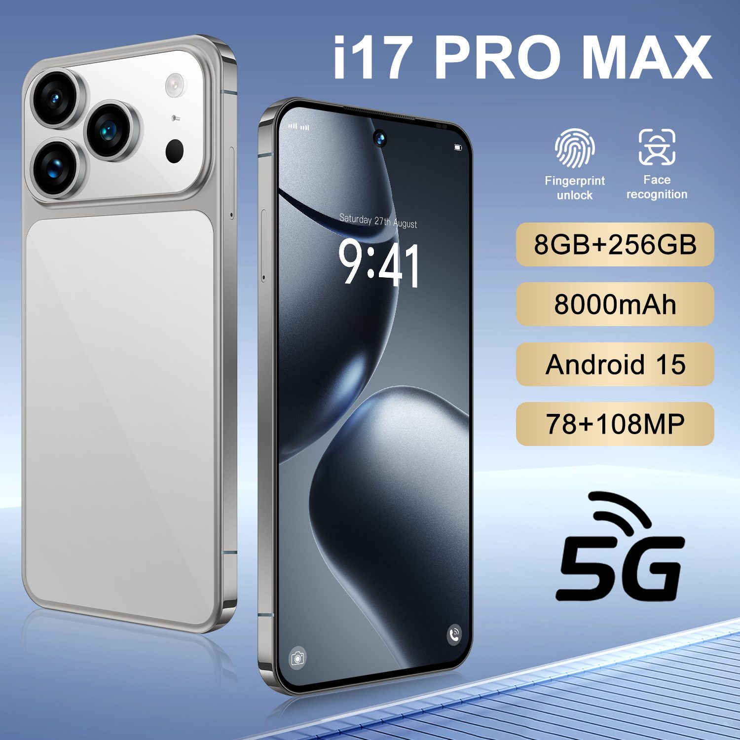 i17 Pro Max Smartphone ,8GB RAM 256GB ROM, Android,7.3'',Dual SIM,Mobile phones,Google Play Store,24+48MP,6800mAh,Gray color