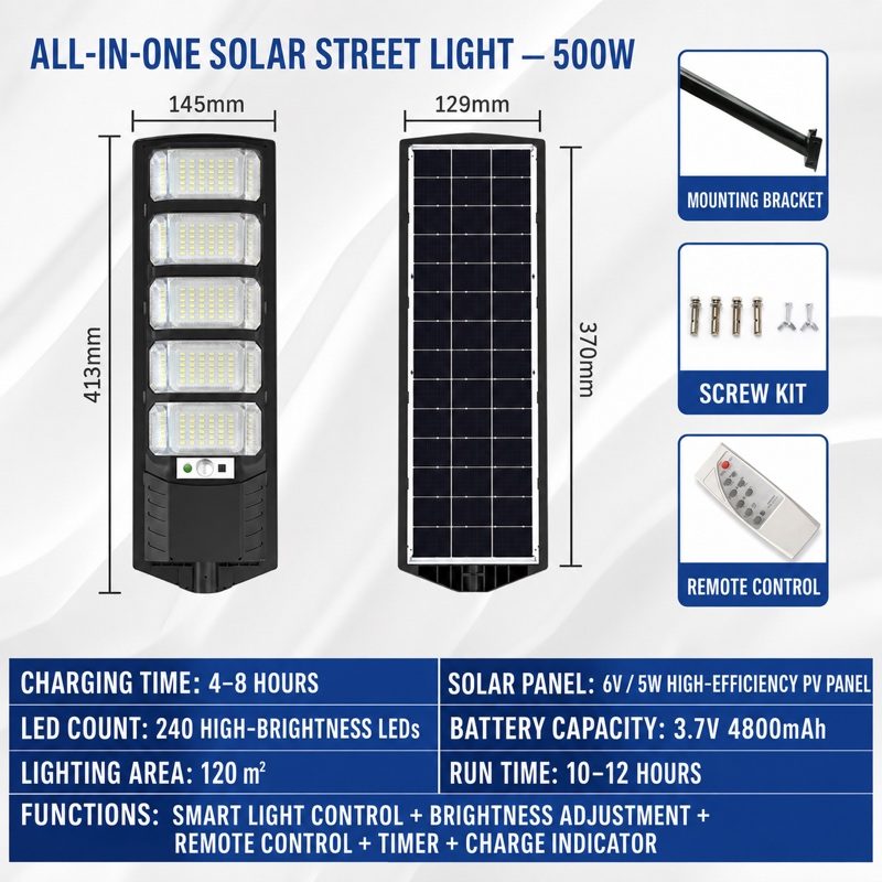 500W LED Solar Light for Garden Path Lighting, 3-Sided Illumination, Motion Sensor, Remote Control