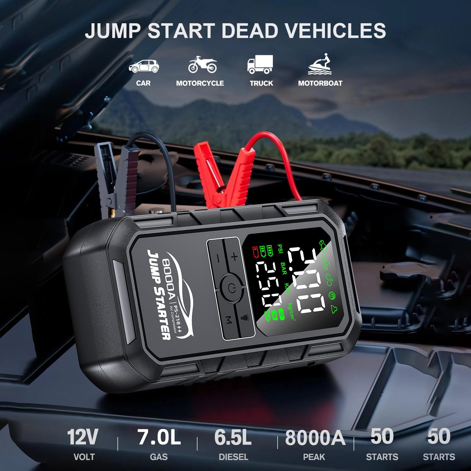 Car Emergency Jump Starter & Inflator Combo, Battery Jump Starter, Car Inflator