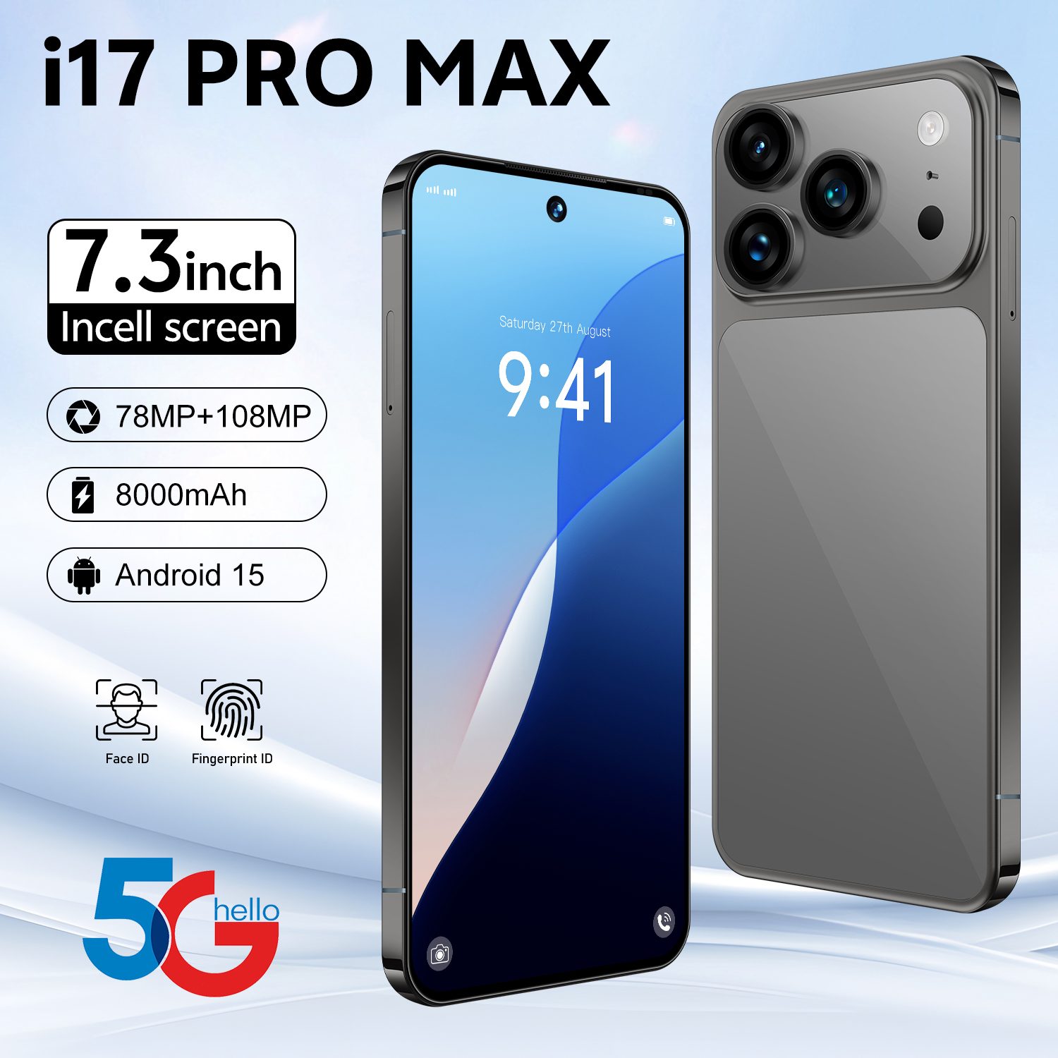 i17 Pro Max Smartphone ,8GB RAM 256GB ROM, Android,7.3'',Dual SIM,Mobile phones,Google Play Store,24+48MP,6800mAh,Gray color