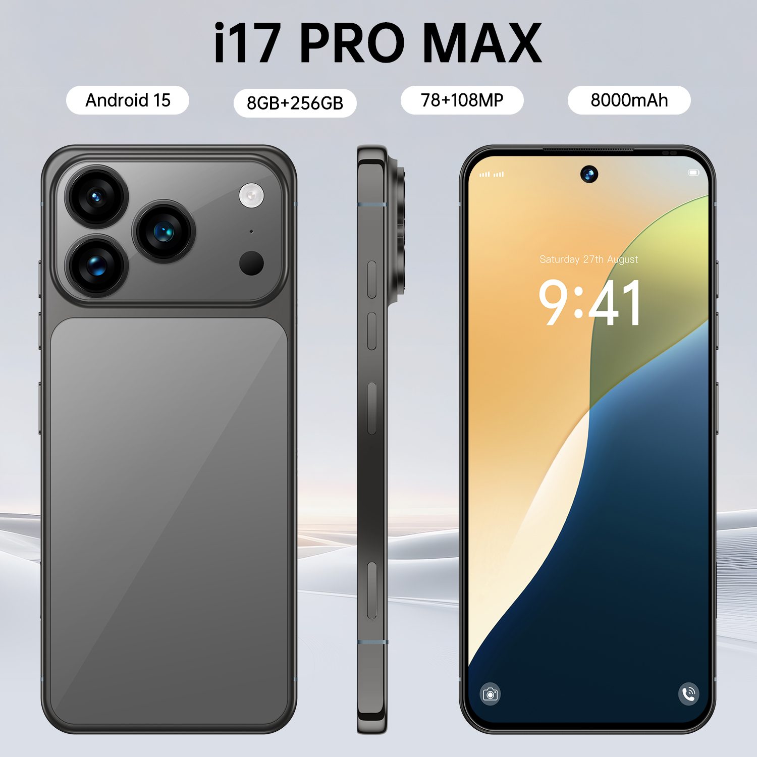 i17 Pro Max Smartphone ,8GB RAM 256GB ROM, Android,7.3'',Dual SIM,Mobile phones,Google Play Store,24+48MP,6800mAh,Gray color