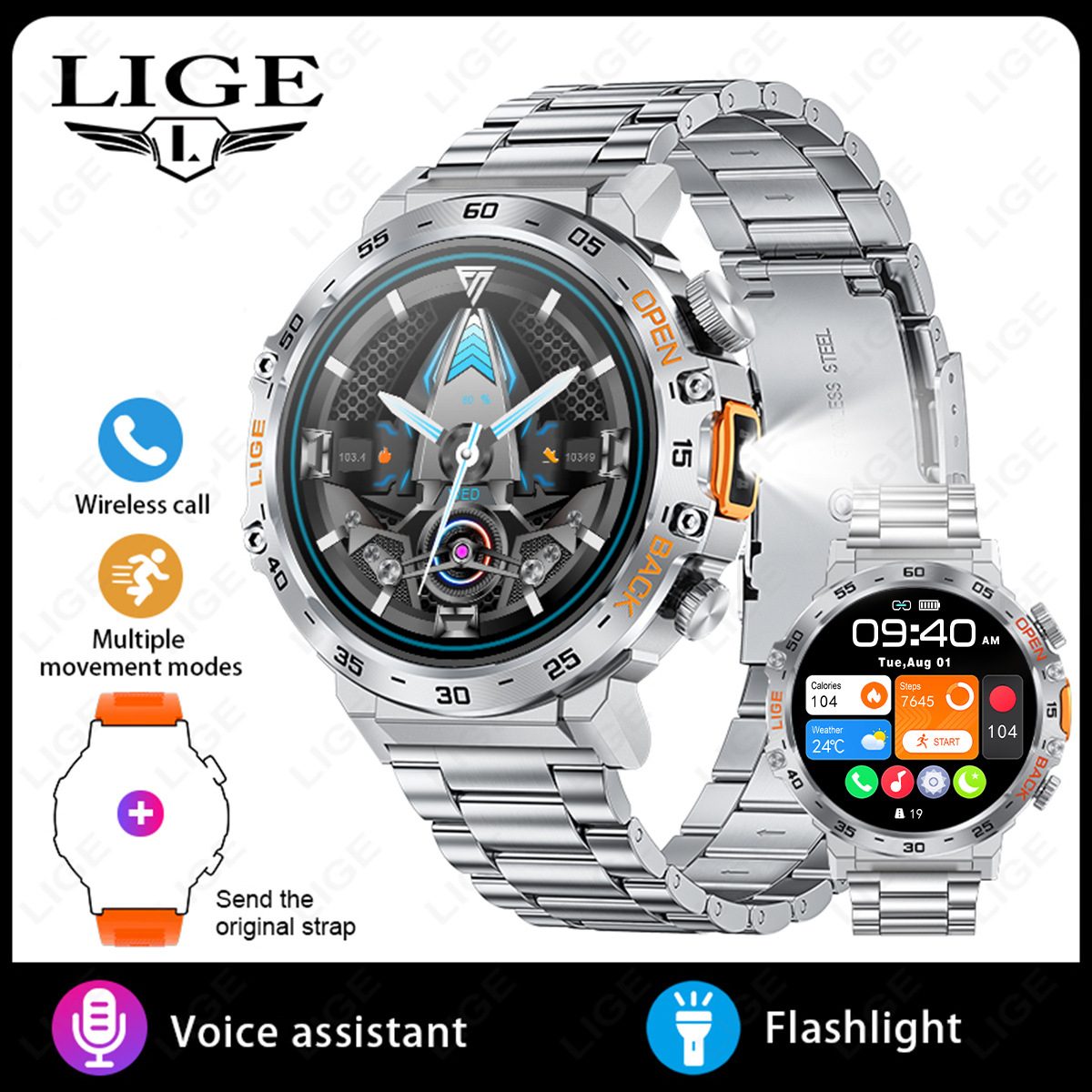 2026 Hot LIGE Business Smartwatch – Bluetooth Call, Built-in Flashlight, Black