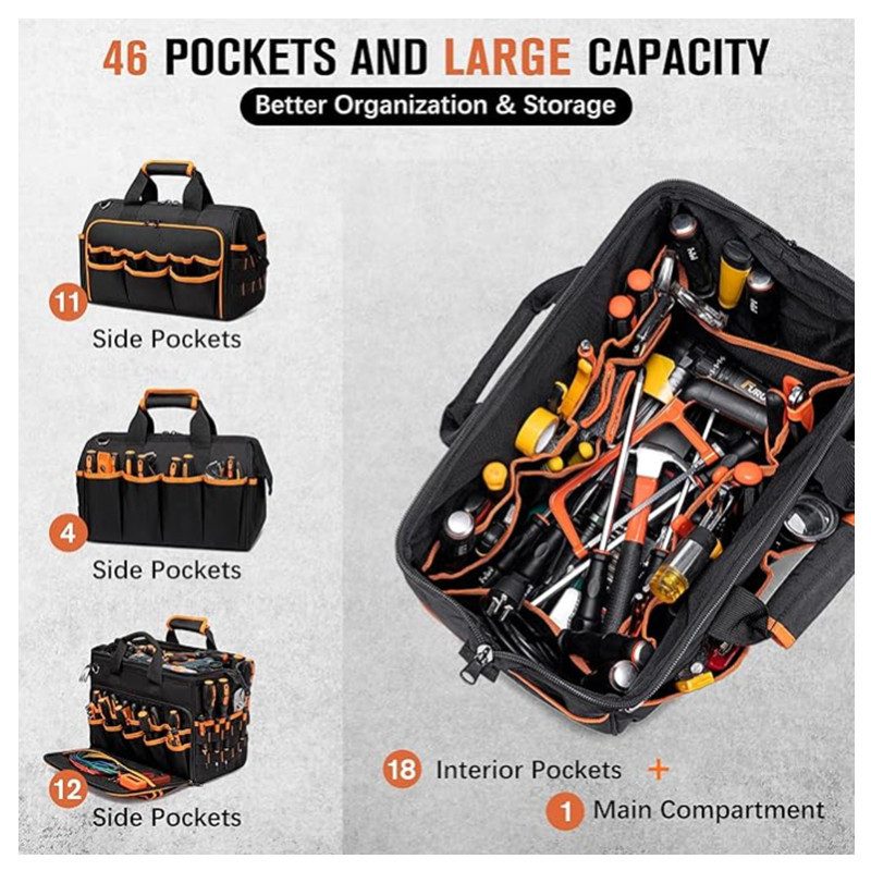 17-Inch Heavy-Duty Tool Bag, Thickened Wear-Resistant Oxford Cloth, Portable Carry Storage Tool Bag