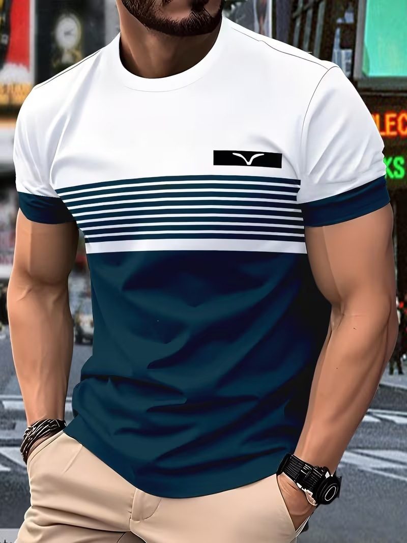 New Simple Striped Design 3D Print Men's T-Shirt Casual Novelty Logo Round Neck Short Sleeve