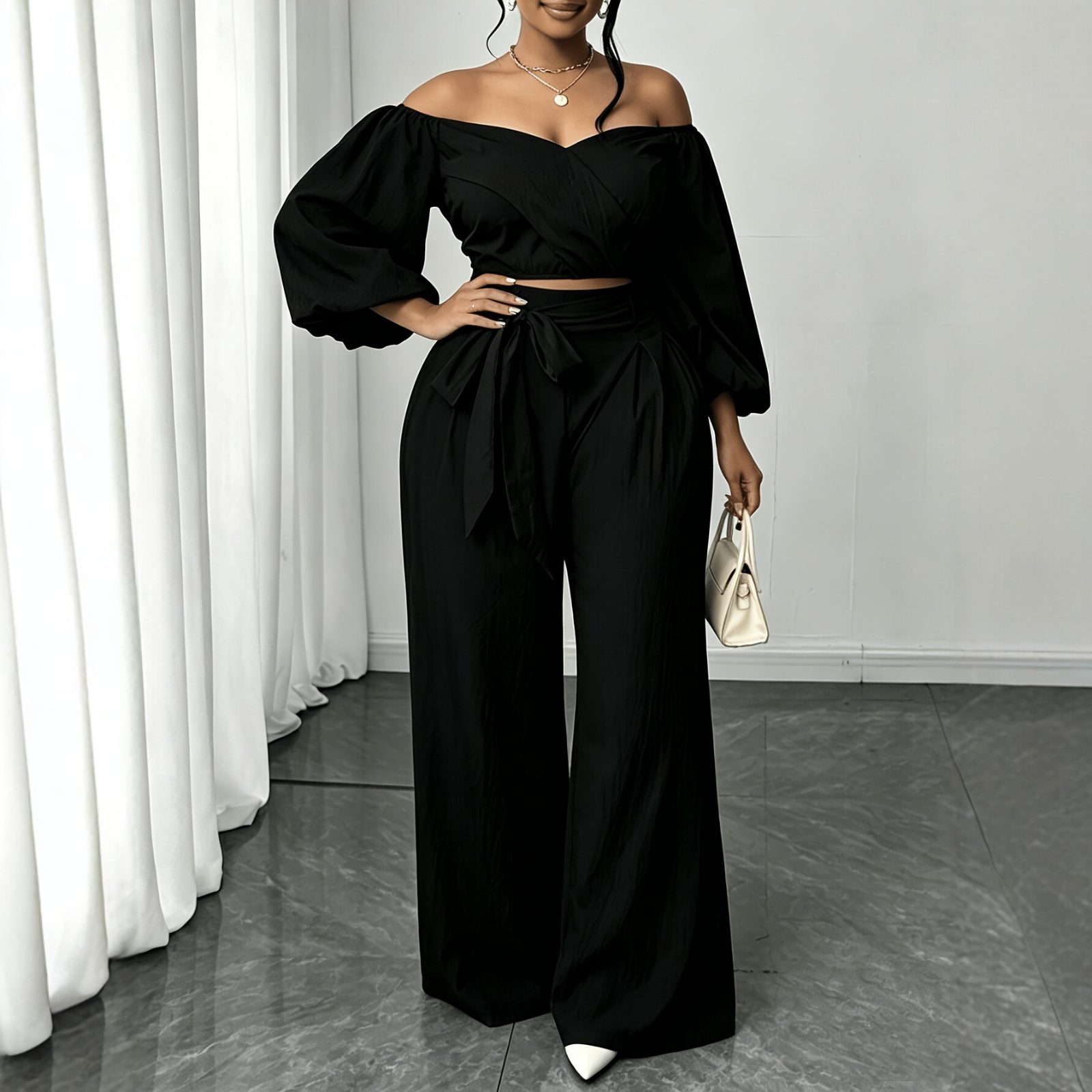 2026 Plus Size Women's Off-Shoulder Fashion Top Set with Tie Straight Leg Pants Two-Piece Set