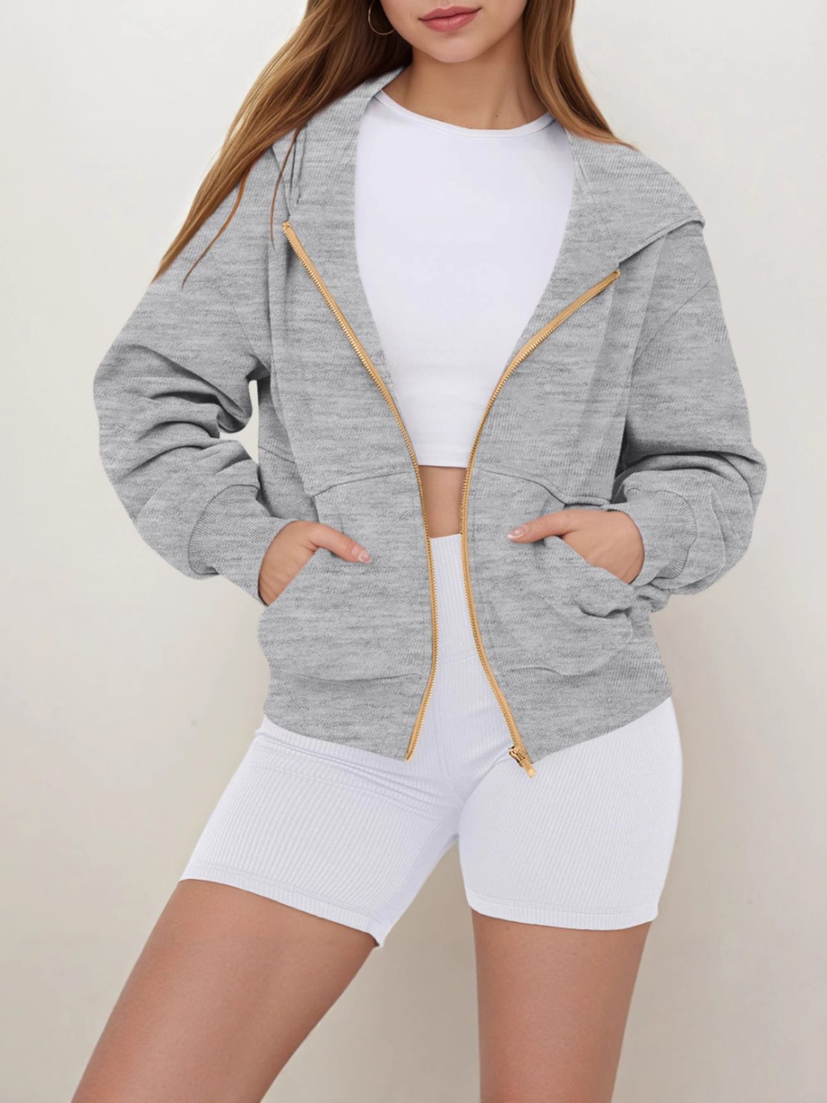 2026 Fall/Winter New Arrival Comfortable Loose Solid Color Hooded Zip-Up Sweatshirt