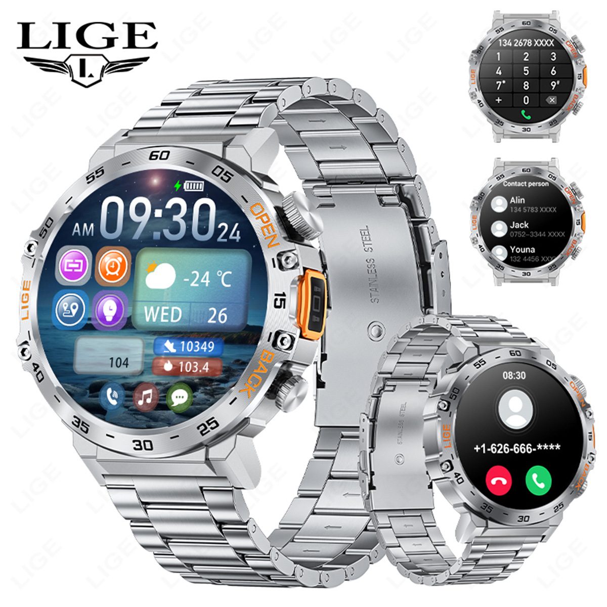 2026 Hot LIGE Business Smartwatch – Bluetooth Call, Built-in Flashlight, Black