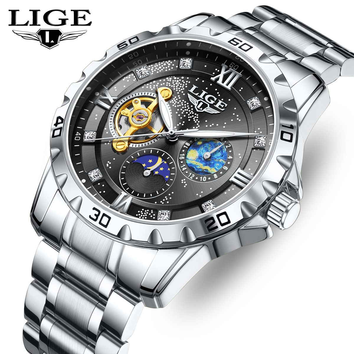  LIGE Luxury Men's Automatic Tourbillon Watch - Gold Two-Tone & Waterproof