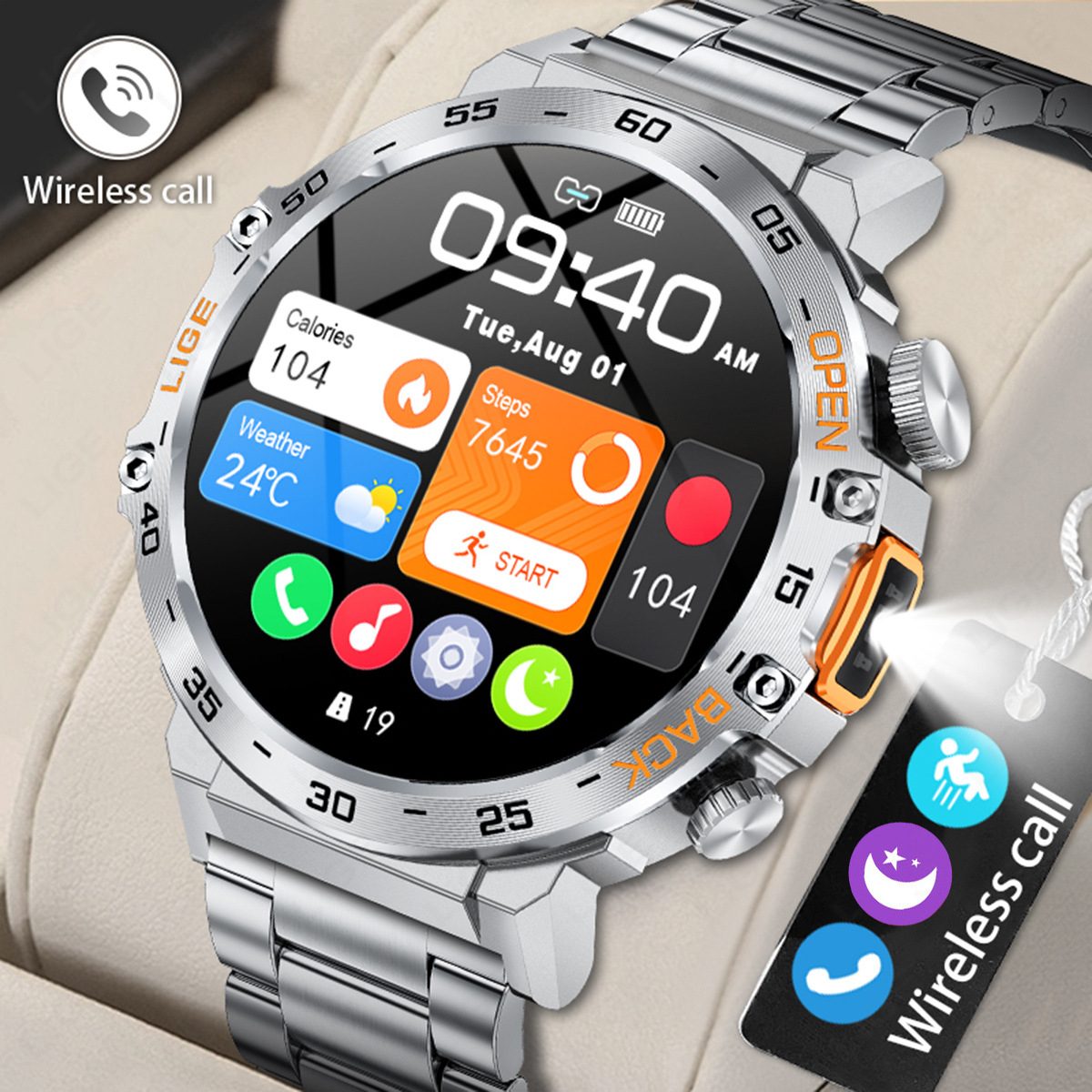2026 Hot LIGE Business Smartwatch – Bluetooth Call, Built-in Flashlight, Black