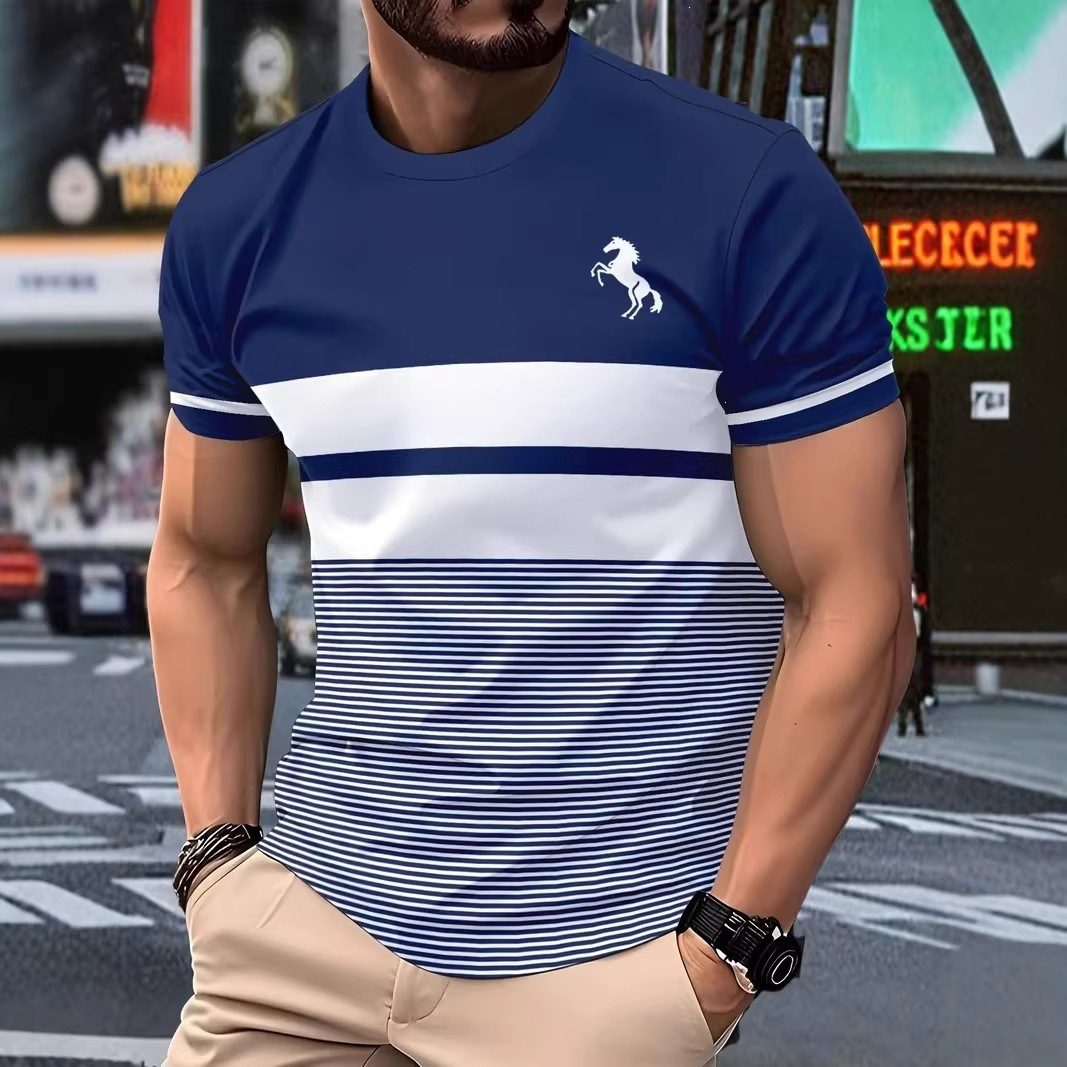 New Simple Striped Design 3D Print Men's T-Shirt Casual Novelty Logo Round Neck Short Sleeve