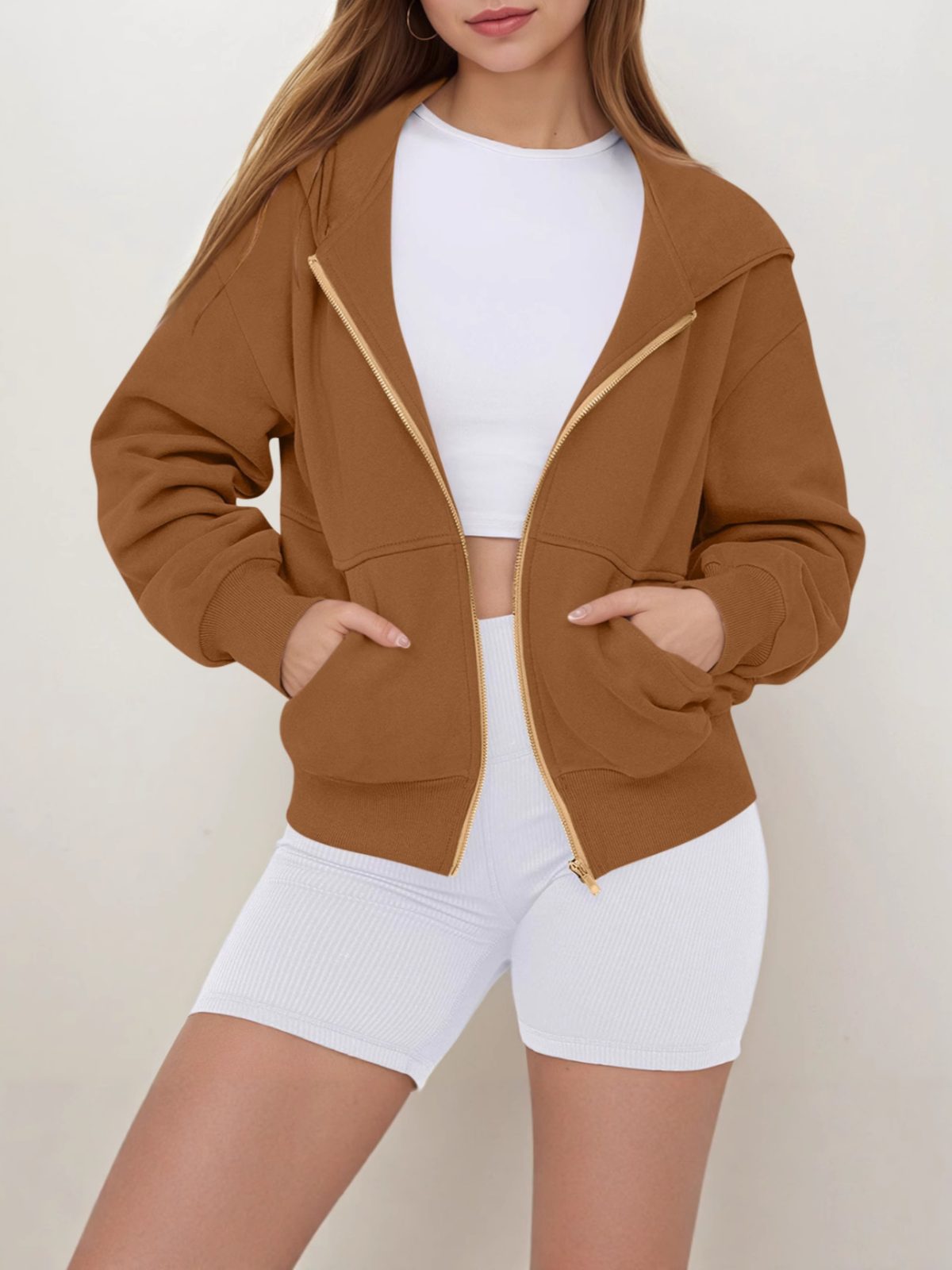 2026 Fall/Winter New Arrival Comfortable Loose Solid Color Hooded Zip-Up Sweatshirt