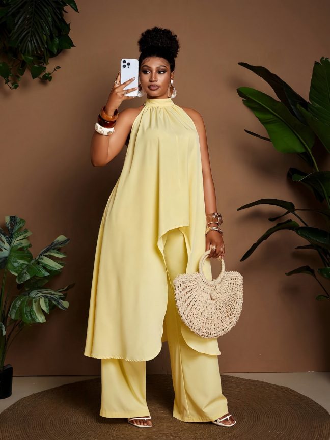 2026 New European & American Style Plus Size Yellow Halter Wide Leg Pants Set for Women Summer Fashion Vacation Two-Piece