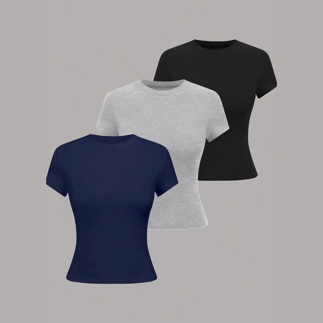 3-Piece Summer Women's Round Neck Short Sleeve Crop Fitted T-Shirt Set