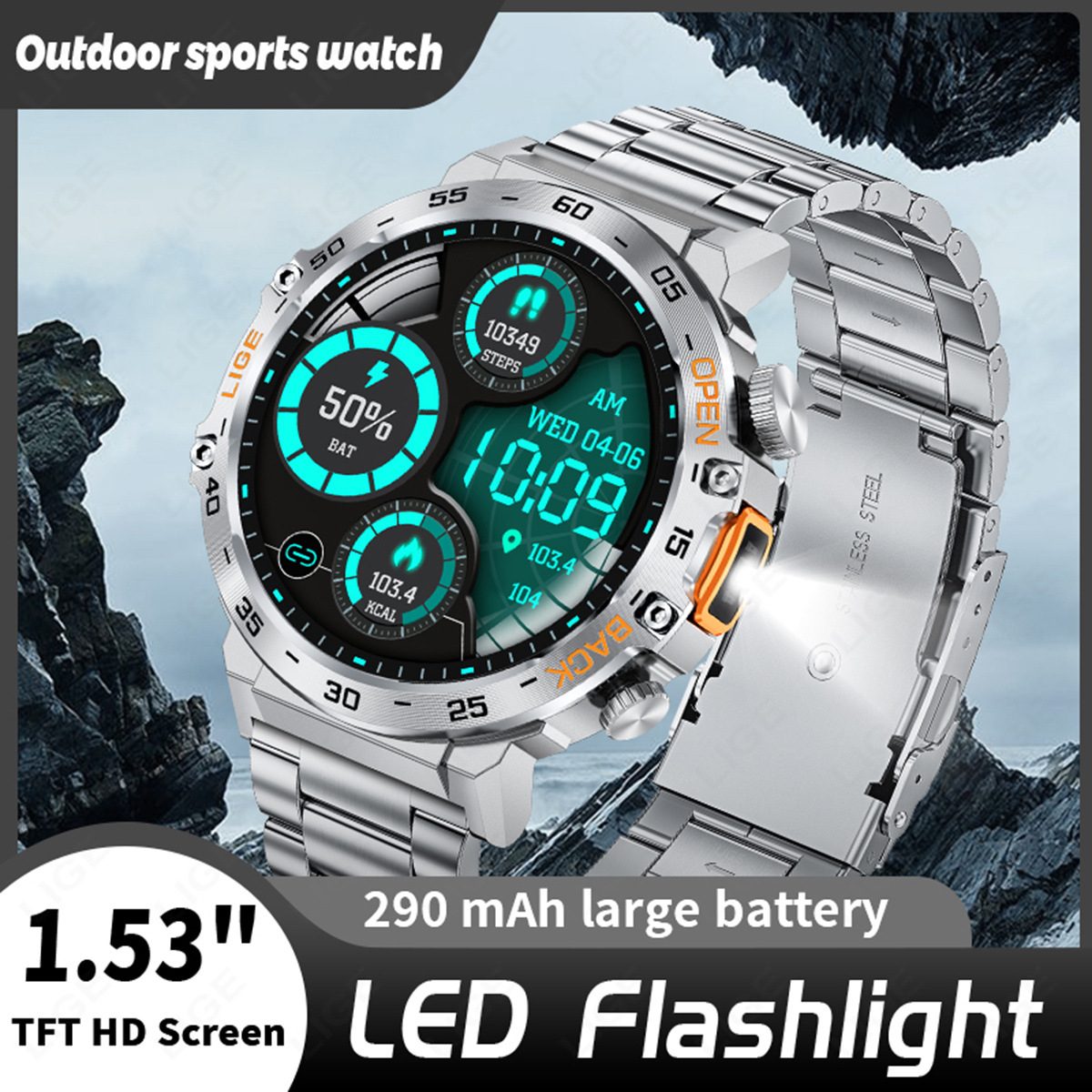 2026 Hot LIGE Business Smartwatch – Bluetooth Call, Built-in Flashlight, Black