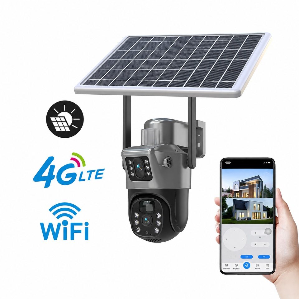 Outdoor Solar PTZ Camera, 4G HD Dual View, Remote Viewing via Phone