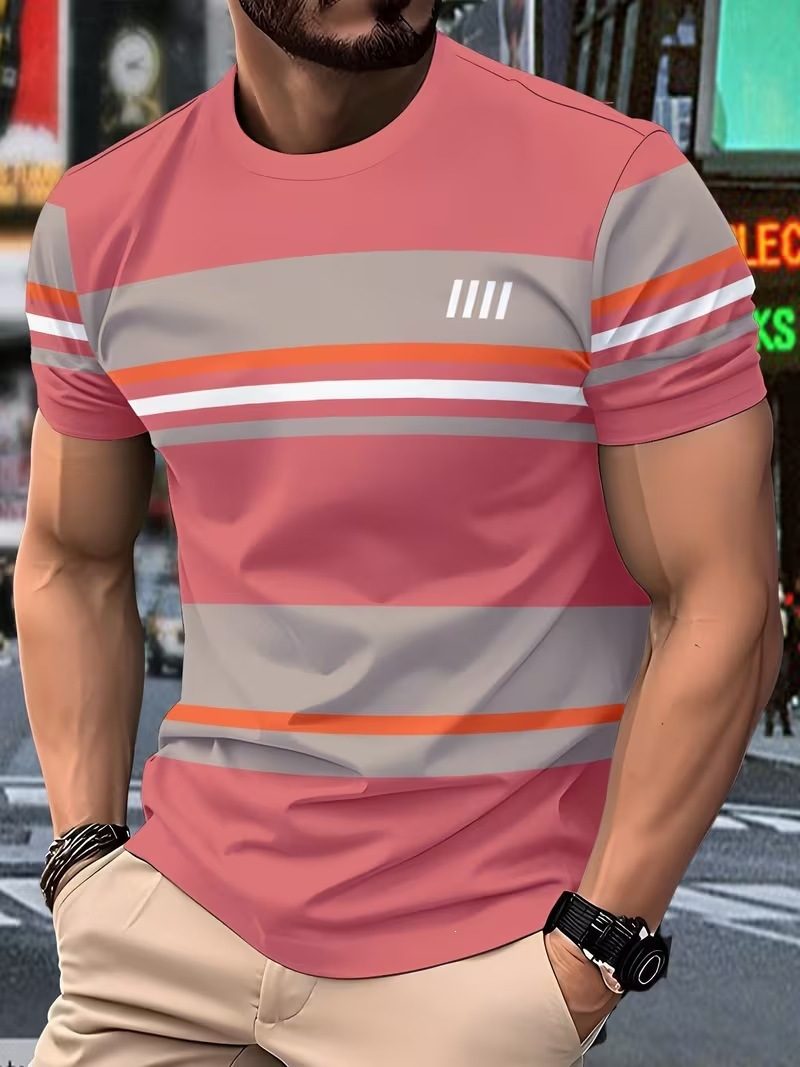 New Simple Striped Design 3D Print Men's T-Shirt Casual Novelty Logo Round Neck Short Sleeve