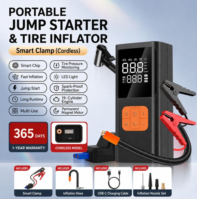 Car Air Pump Portable Electric Inflator Jump Starter Power Bank All-in-One