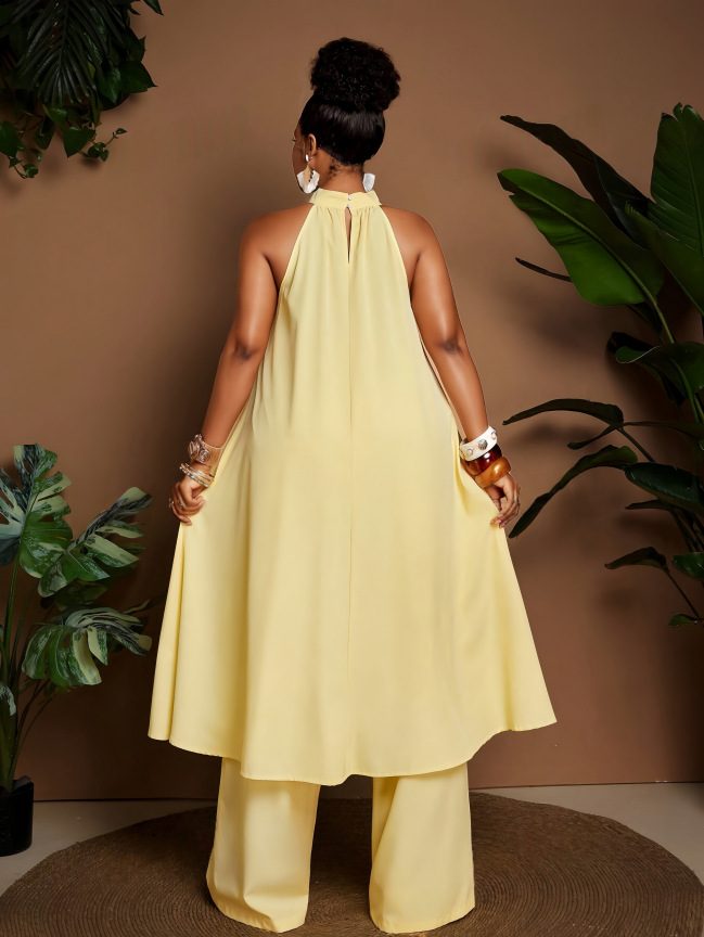 2026 New European & American Style Plus Size Yellow Halter Wide Leg Pants Set for Women Summer Fashion Vacation Two-Piece