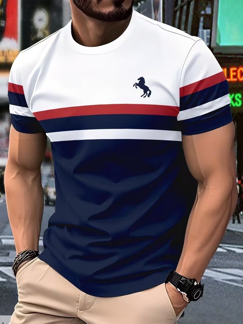 New Simple Striped Design 3D Print Men's T-Shirt Casual Novelty Logo Round Neck Short Sleeve