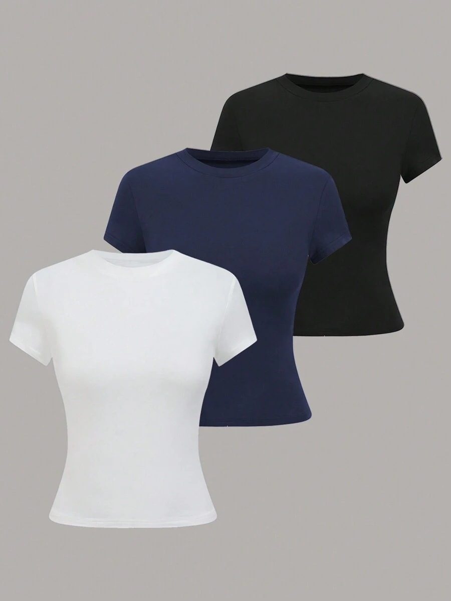 3-Piece Summer Women's Round Neck Short Sleeve Crop Fitted T-Shirt Set