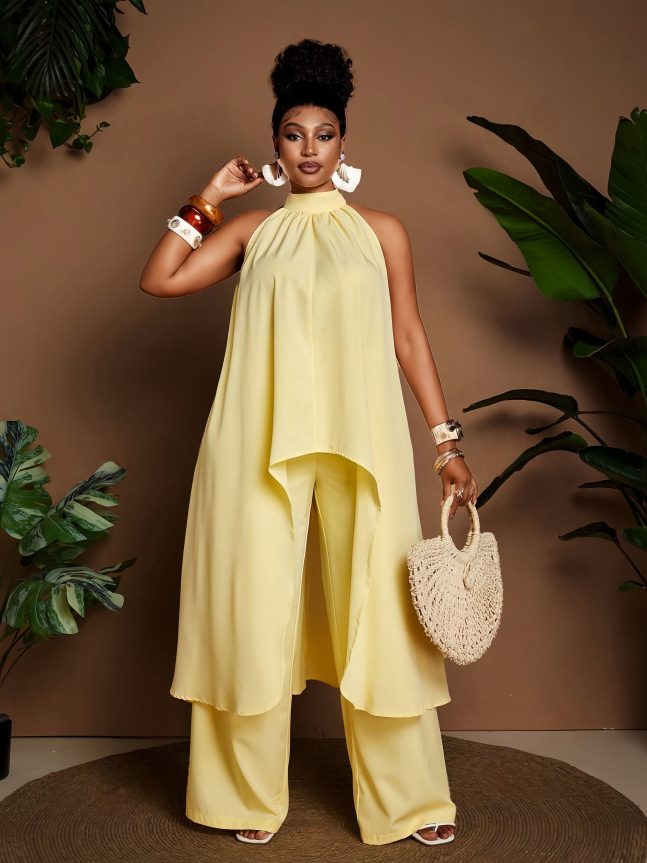 2026 New European & American Style Plus Size Yellow Halter Wide Leg Pants Set for Women Summer Fashion Vacation Two-Piece