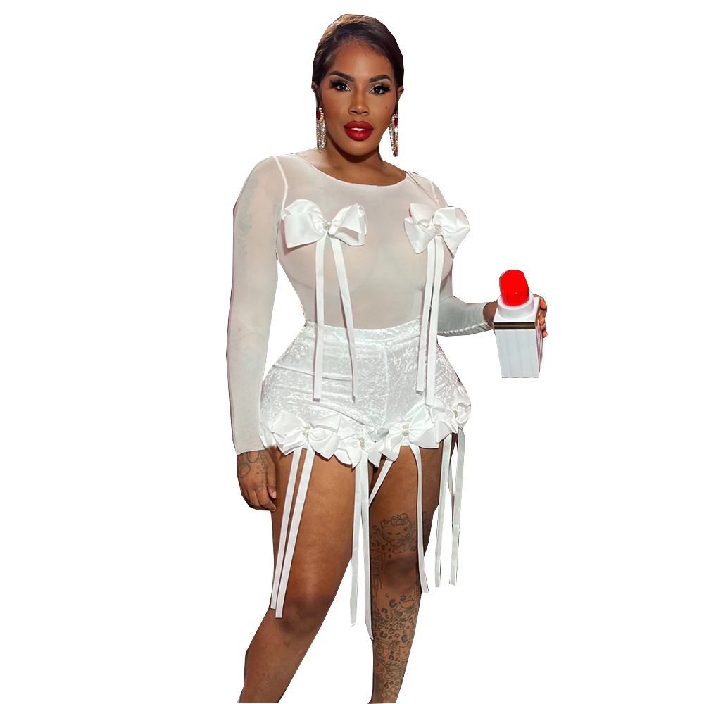 51626 Sexy 3D Bow Sheer Top Lace Tassel Streamers Fashion Shorts Set African Short Style