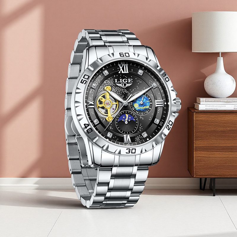  LIGE Luxury Men's Automatic Tourbillon Watch - Gold Two-Tone & Waterproof