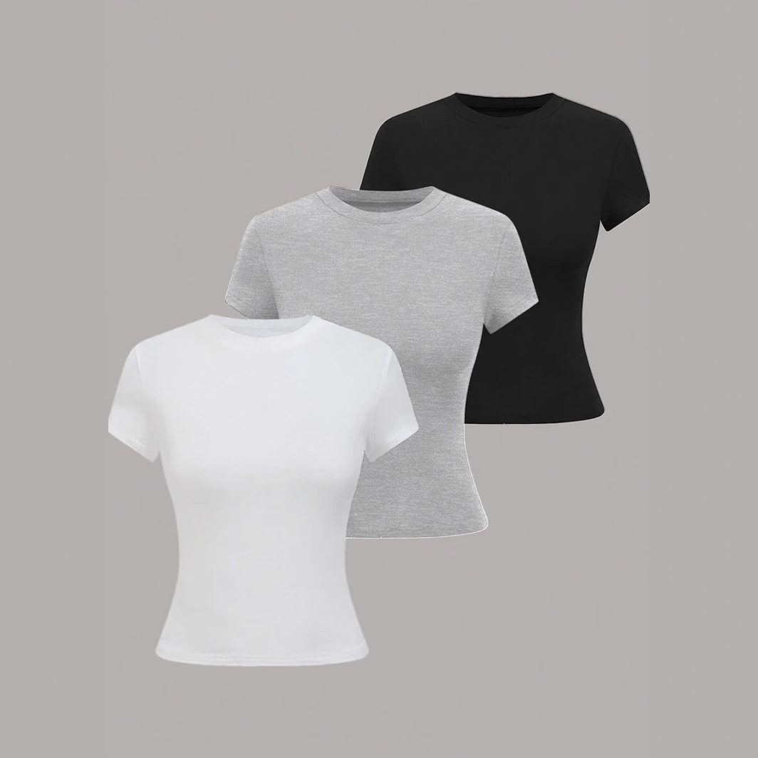 3-Piece Summer Women's Round Neck Short Sleeve Crop Fitted T-Shirt Set