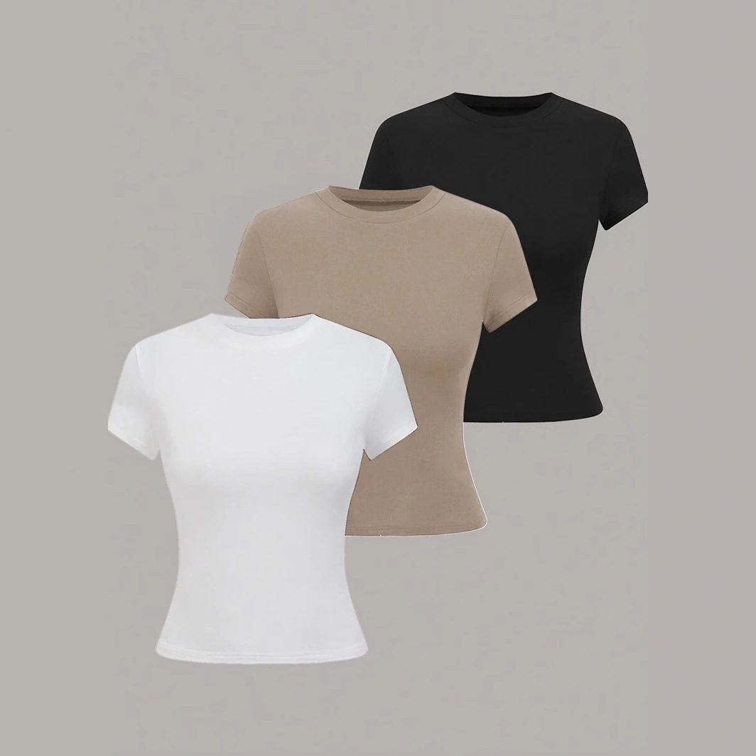 3-Piece Summer Women's Round Neck Short Sleeve Crop Fitted T-Shirt Set