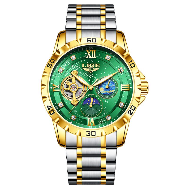  LIGE Luxury Men's Automatic Tourbillon Watch - Gold Two-Tone & Waterproof