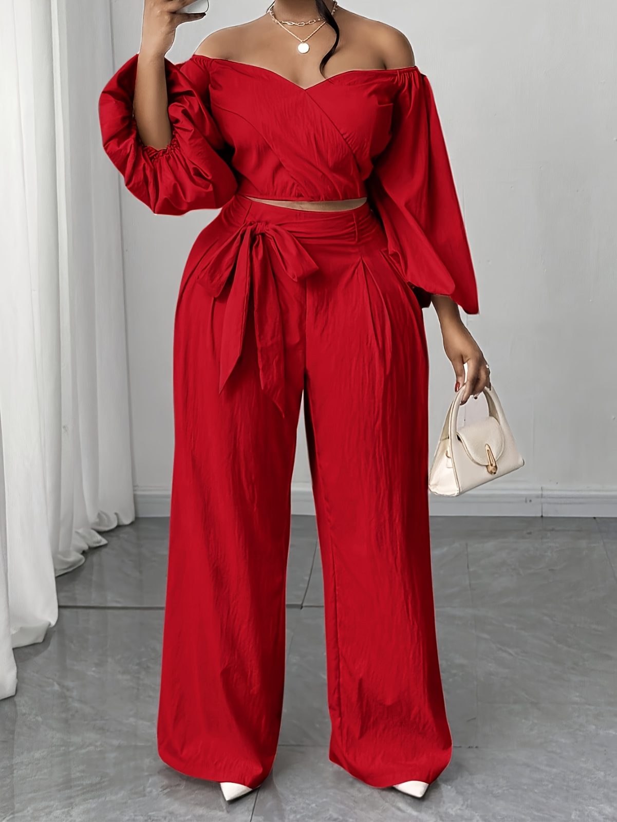 2026 Plus Size Women's Off-Shoulder Fashion Top Set with Tie Straight Leg Pants Two-Piece Set