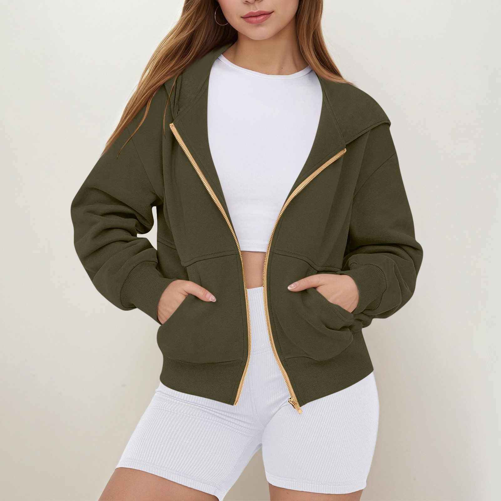 2026 Fall/Winter New Arrival Comfortable Loose Solid Color Hooded Zip-Up Sweatshirt