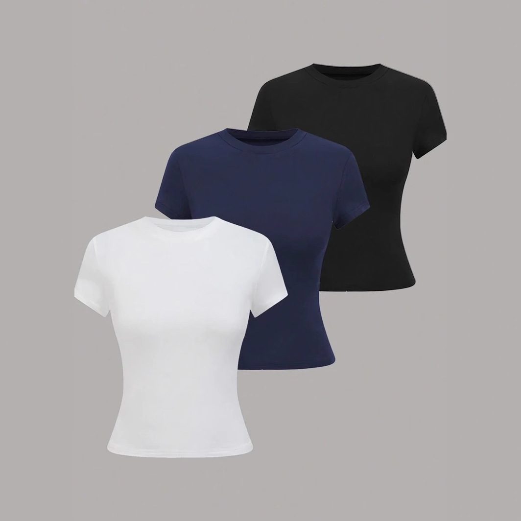 3-Piece Summer Women's Round Neck Short Sleeve Crop Fitted T-Shirt Set