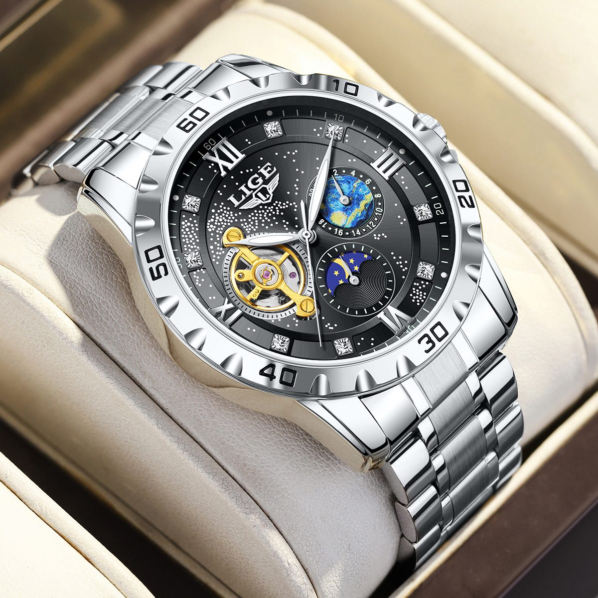  LIGE Luxury Men's Automatic Tourbillon Watch - Gold Two-Tone & Waterproof