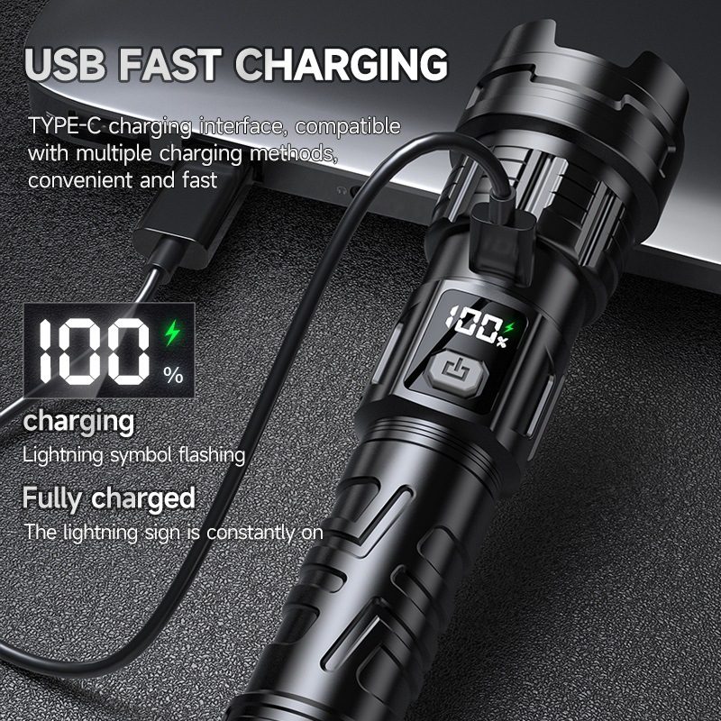 High Brightness Long-Lasting Flashlight for Home and Outdoor, Telescopic Zoom, Digital Display, Portable Emergency Hiking Flashlight
