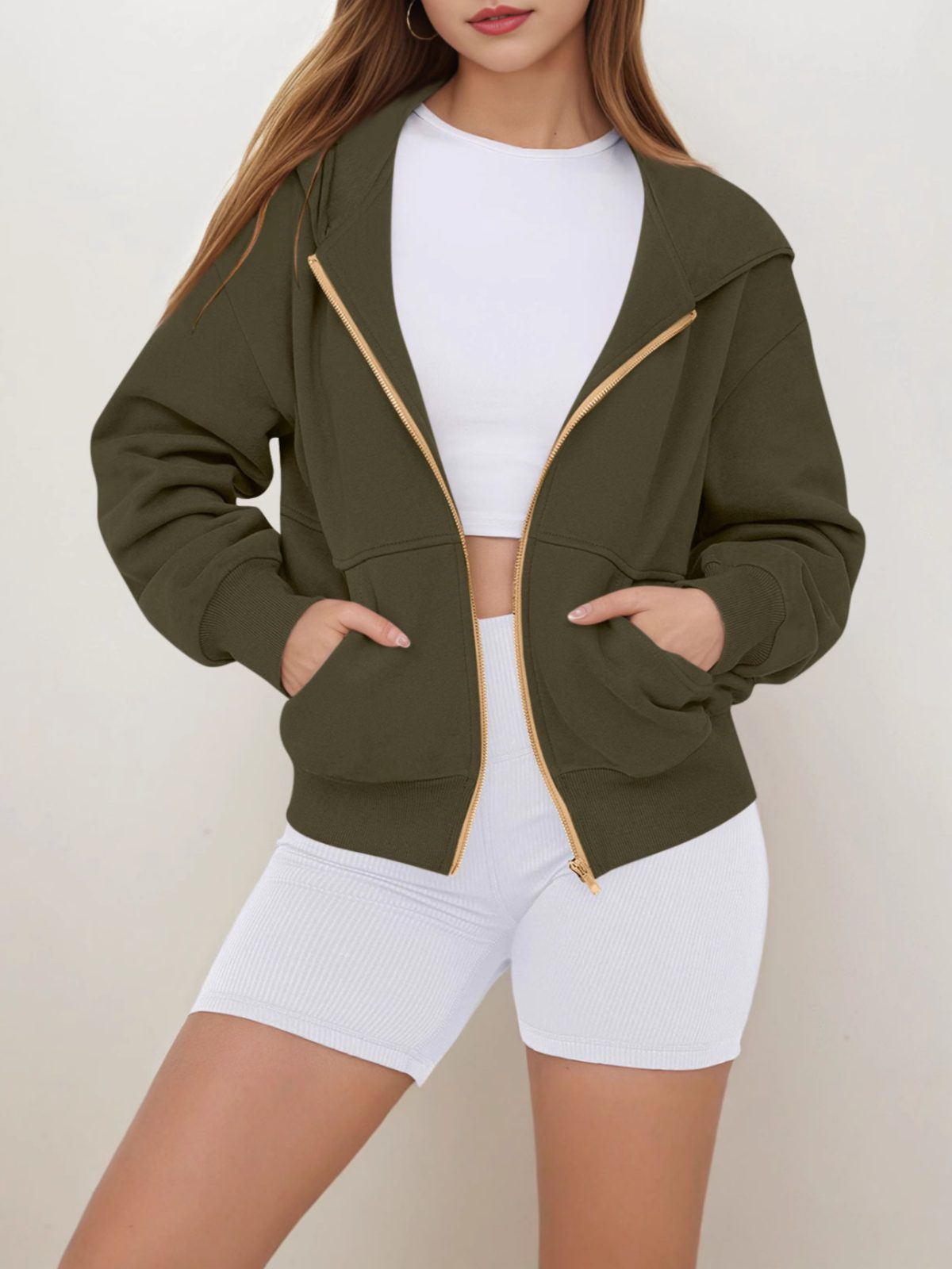 2026 Fall/Winter New Arrival Comfortable Loose Solid Color Hooded Zip-Up Sweatshirt
