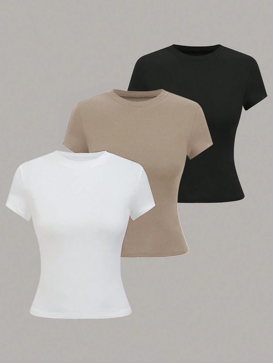 3-Piece Summer Women's Round Neck Short Sleeve Crop Fitted T-Shirt Set
