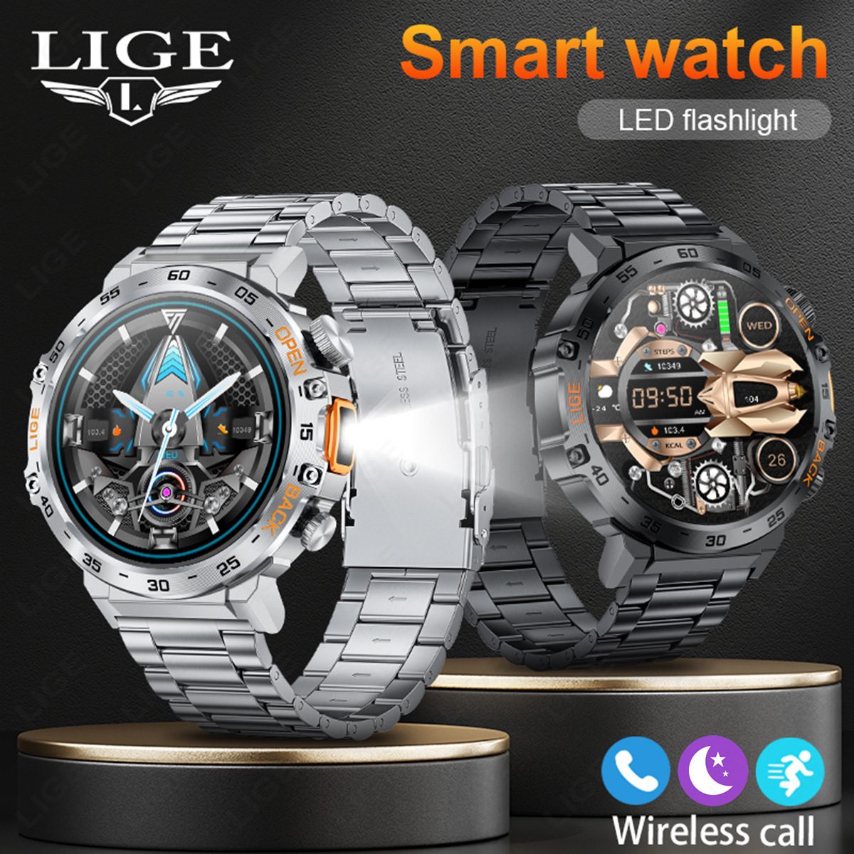 2026 Hot LIGE Business Smartwatch – Bluetooth Call, Built-in Flashlight, Black