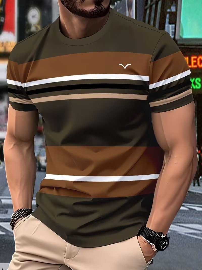 New Simple Striped Design 3D Print Men's T-Shirt Casual Novelty Logo Round Neck Short Sleeve