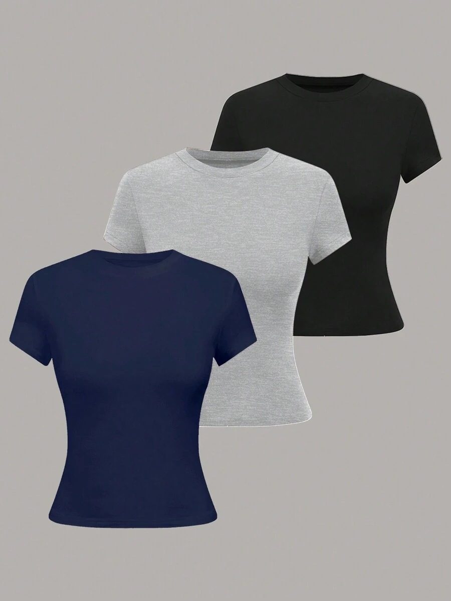 3-Piece Summer Women's Round Neck Short Sleeve Crop Fitted T-Shirt Set