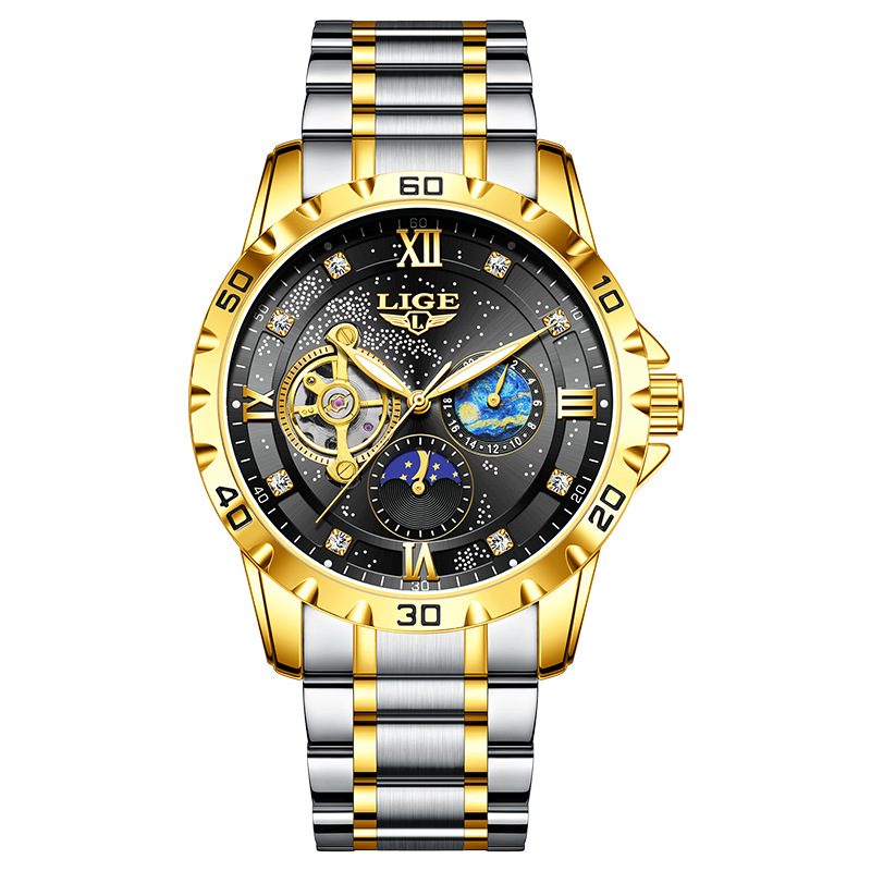  LIGE Luxury Men's Automatic Tourbillon Watch - Gold Two-Tone & Waterproof