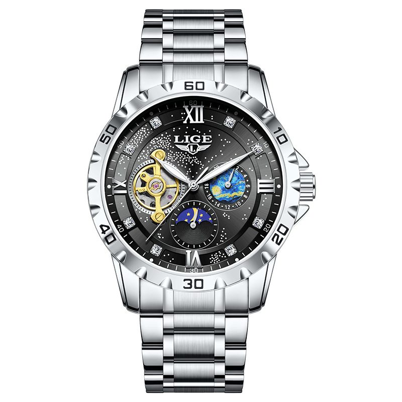  LIGE Luxury Men's Automatic Tourbillon Watch - Gold Two-Tone & Waterproof