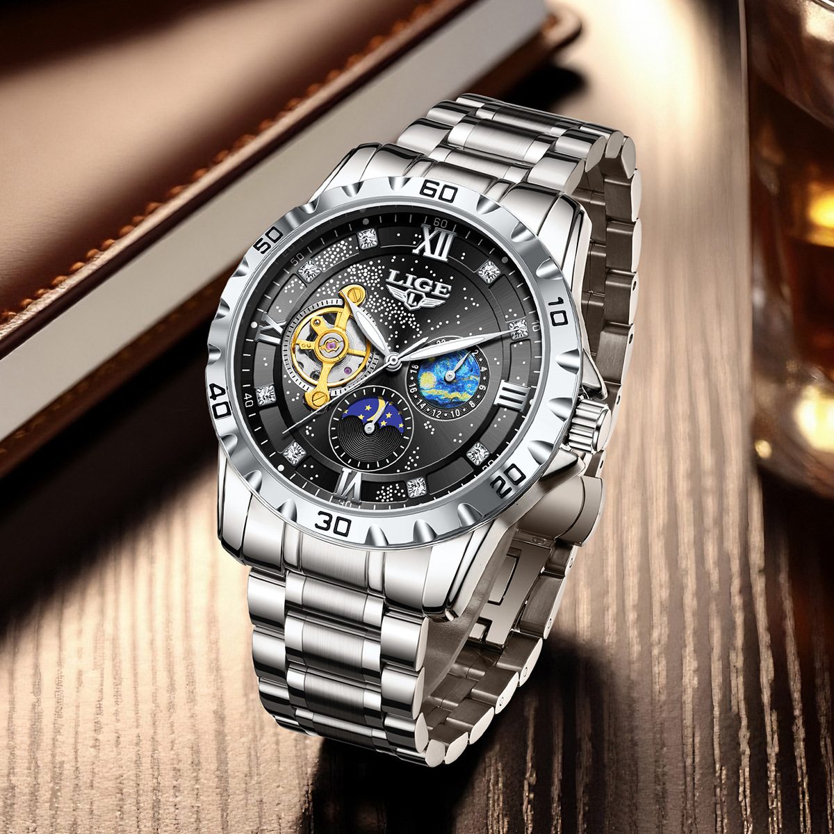  LIGE Luxury Men's Automatic Tourbillon Watch - Gold Two-Tone & Waterproof