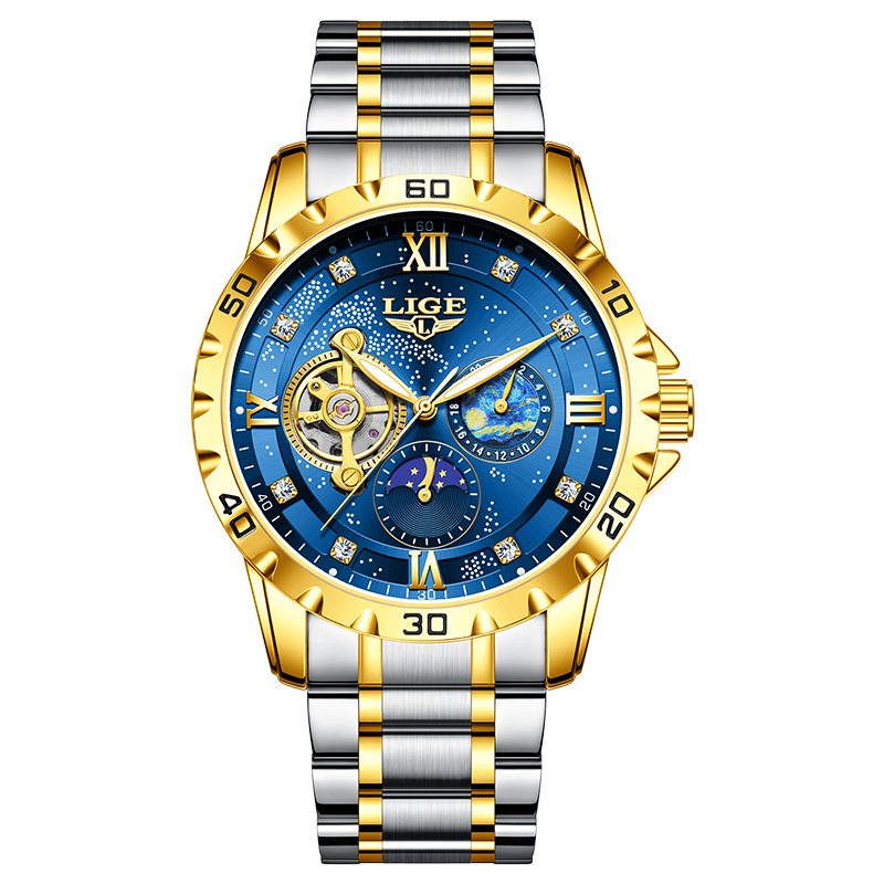  LIGE Luxury Men's Automatic Tourbillon Watch - Gold Two-Tone & Waterproof