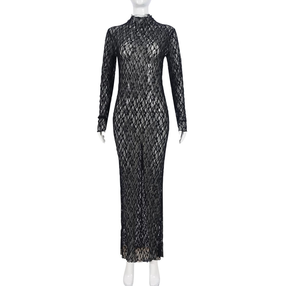 51461 Nazada Women's Autumn/Winter Sexy Long Sleeve Round Neck Pullover Lace Mesh See-through Dress