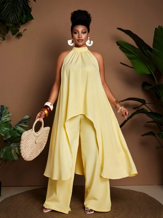 2026 New European & American Style Plus Size Yellow Halter Wide Leg Pants Set for Women Summer Fashion Vacation Two-Piece